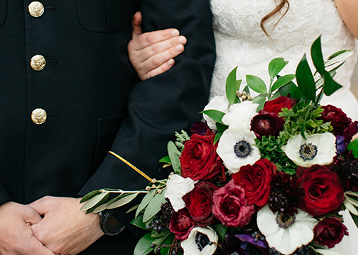 soldier and bride deep red and white floral bouquet wedding florist
