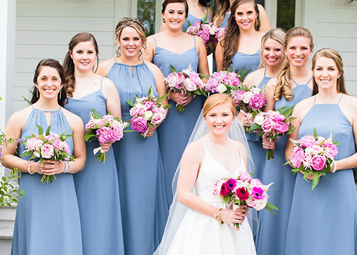 bride and bridesmaids bright pink wedding bouquets wedding florist